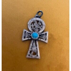 Vintage Sterling Silver Turquoise Egyptian Ankh Filigree Etched Pendant Necklace